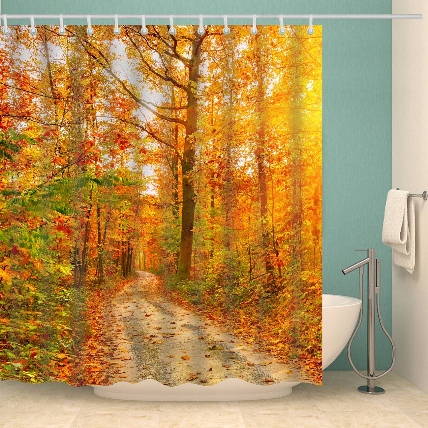 Golden Deciduous Path Autumn Leaves Shower Curtain