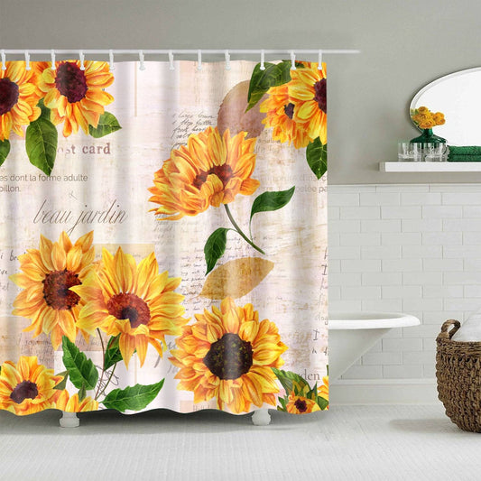 Rustic Old Letter Background Sunflower Shower Curtain | Rustic Farmhouse Shower Curtain