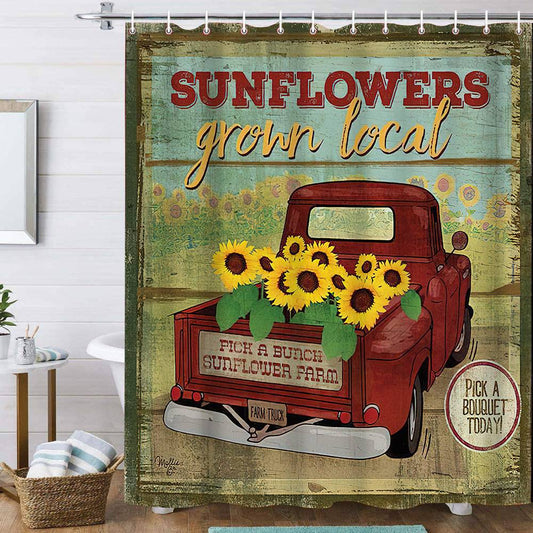 Retro Rustic Truck Farmhouse Sunflower Shower Curtain