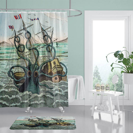 Giant Octopus Kraken Attacking Ship Shower Curtain | Giant Octopus Attacking Ship Shower Curtain