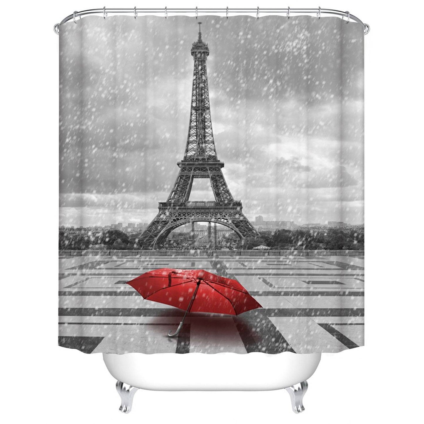 Red Umbrella White Black Snow Eiffel Tower Shower Curtain