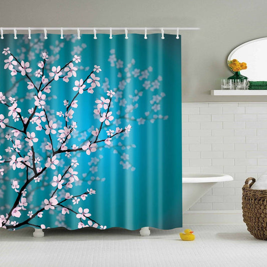 Blue Backdrop Pink Plum Blossom Shower Curtain