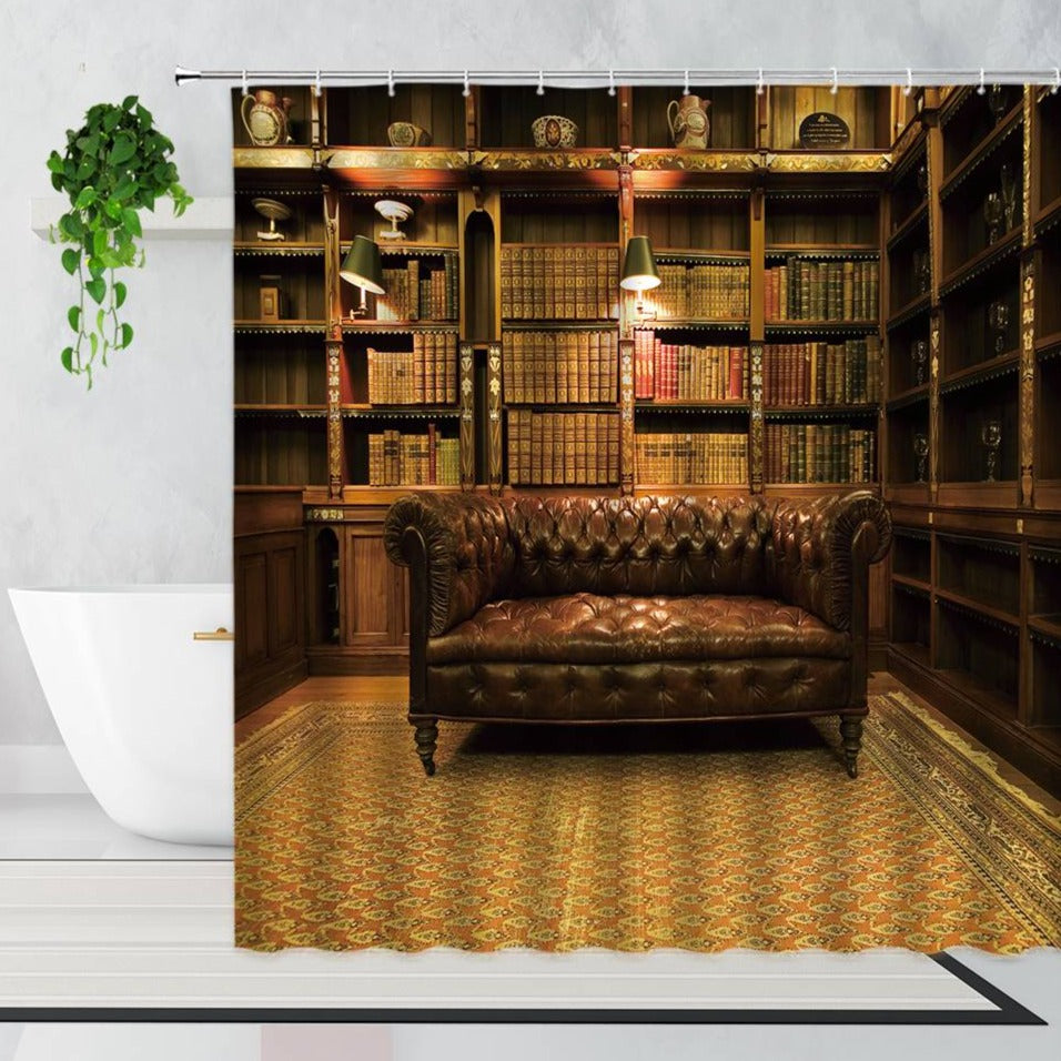 Retro Study Bookshelf Shower Curtain