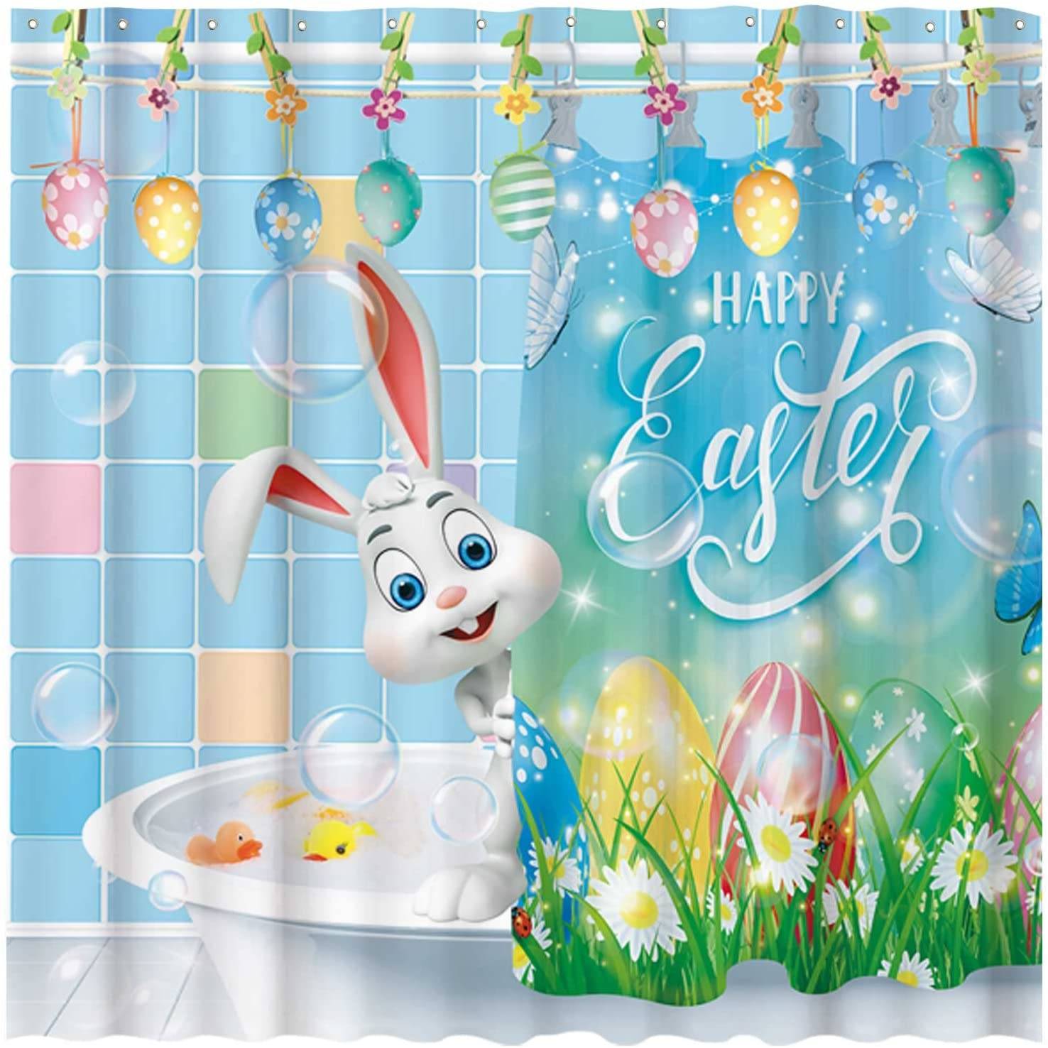 Cartoon Happy Bath Bunny Easter Shower Curtain