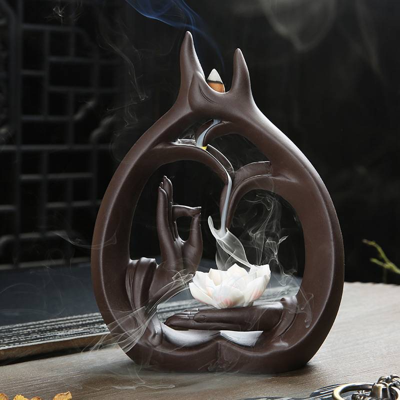 Buddha Mudras Backflow Incense Burner with Lotus Incense Stick Holder