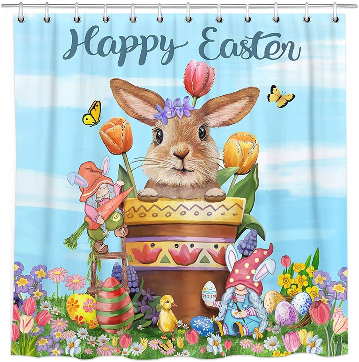 Girlish Bunny Floral Pot with Gnome Bunny Happy Easter Shower Curtain