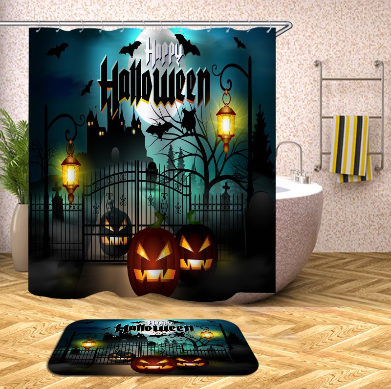 Jack-o-lanterns in Front of The Manor Fabric Halloween Shower Curtain | Jack-o-lanterns Halloween Shower Curtain