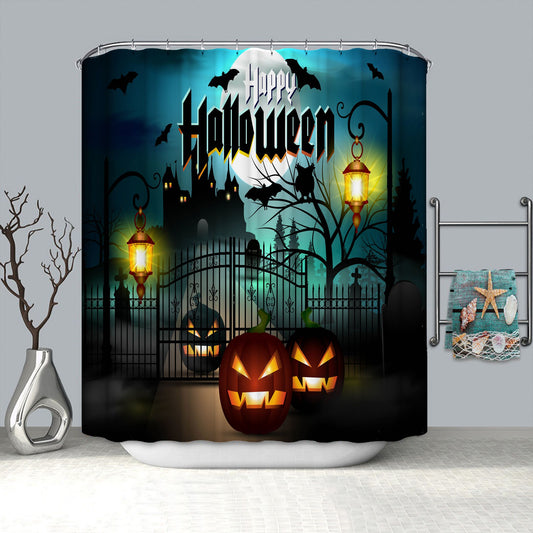 Jack-o-lanterns in Front of The Manor Fabric Halloween Shower Curtain | Jack-o-lanterns Halloween Shower Curtain