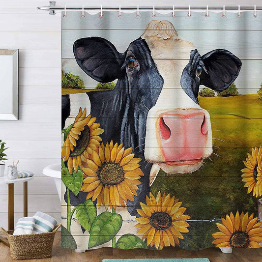 Handdraw Style Cow and Sunflower Shower Curtain | Farm Cow Sunflower Shower Curtain