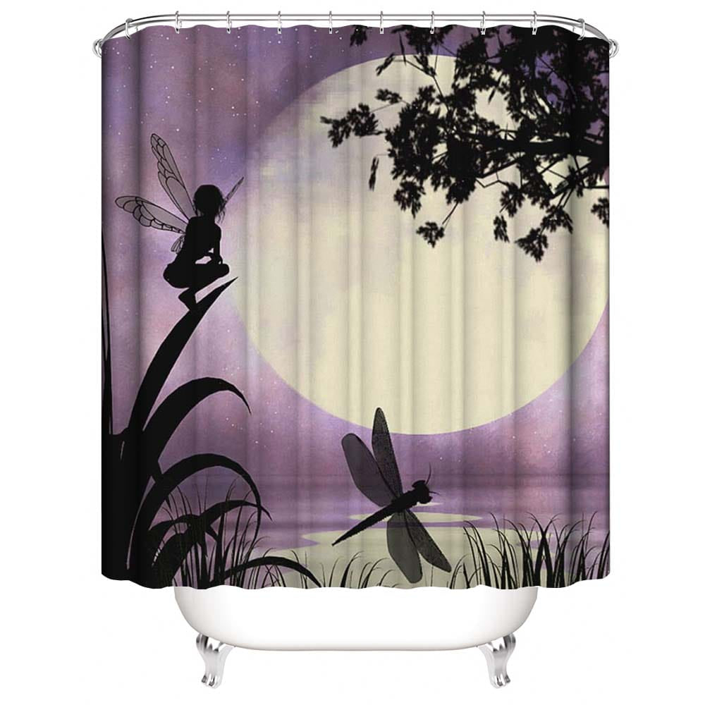 Fairy and Dragonfly with An Purple Moon Shower Curtain, Fantasy Purple Moonlight Elf Style Bathroom Decor