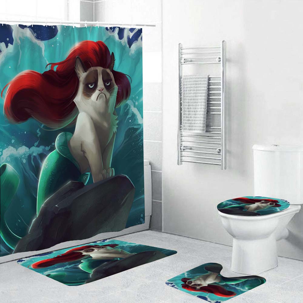 Grumpy Cat Mermaid Shower Curtain, Fantasy Cat Bathroom Curtain