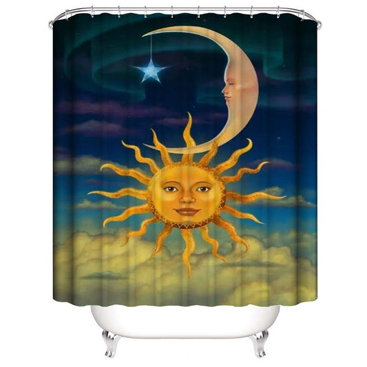 Celestial Sun and Moon Shower Curtain, Vintage Cartoon Fantasy Face Moon Sun Style Bathroom Curtain