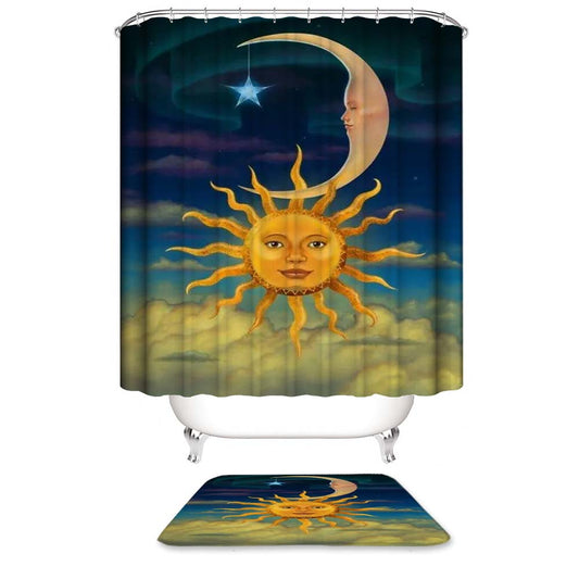 Celestial Sun and Moon Shower Curtain, Vintage Cartoon Fantasy Face Moon Sun Style Bathroom Curtain