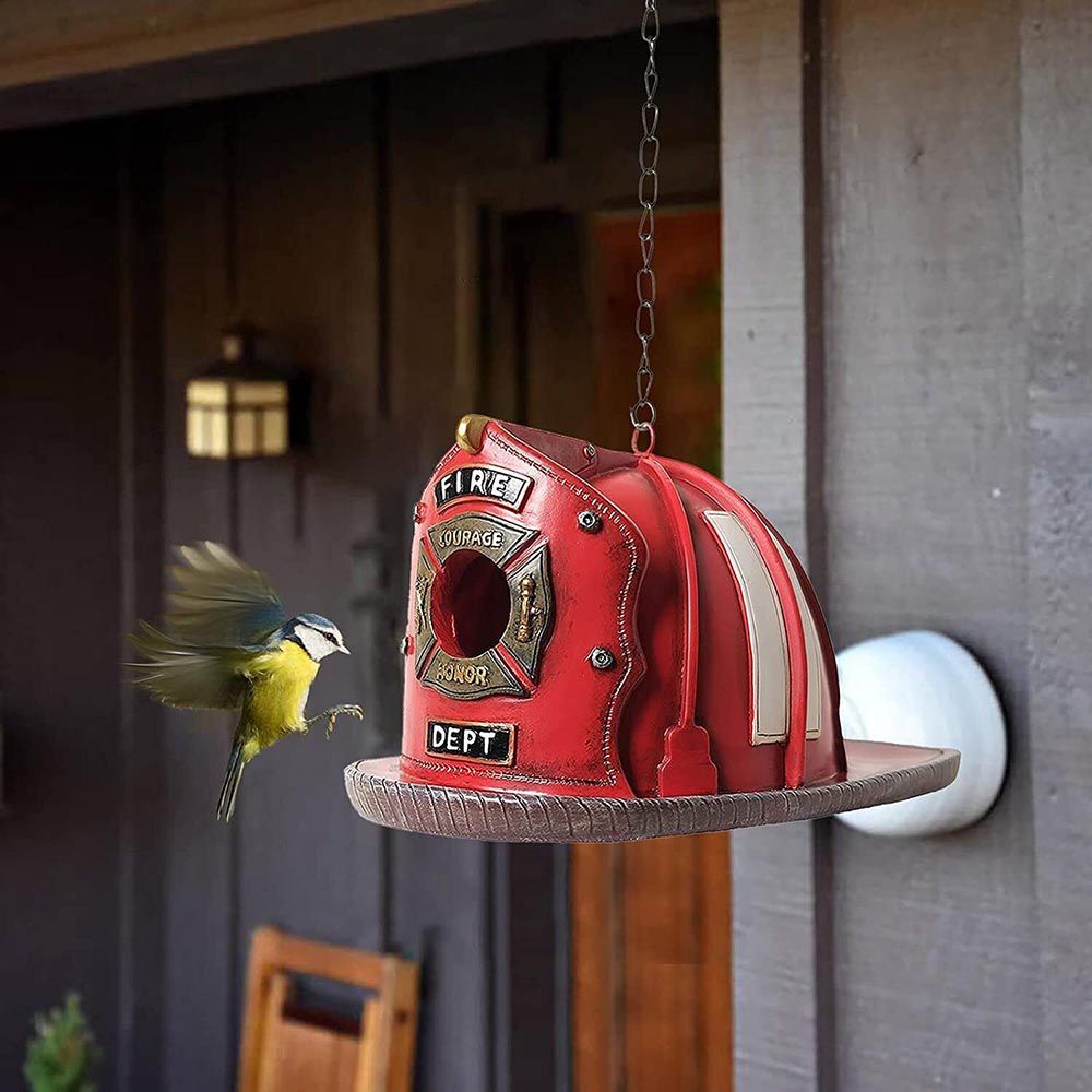 Retro Red Fire Helmet Birdhouse | Locomotive Bird Feeder