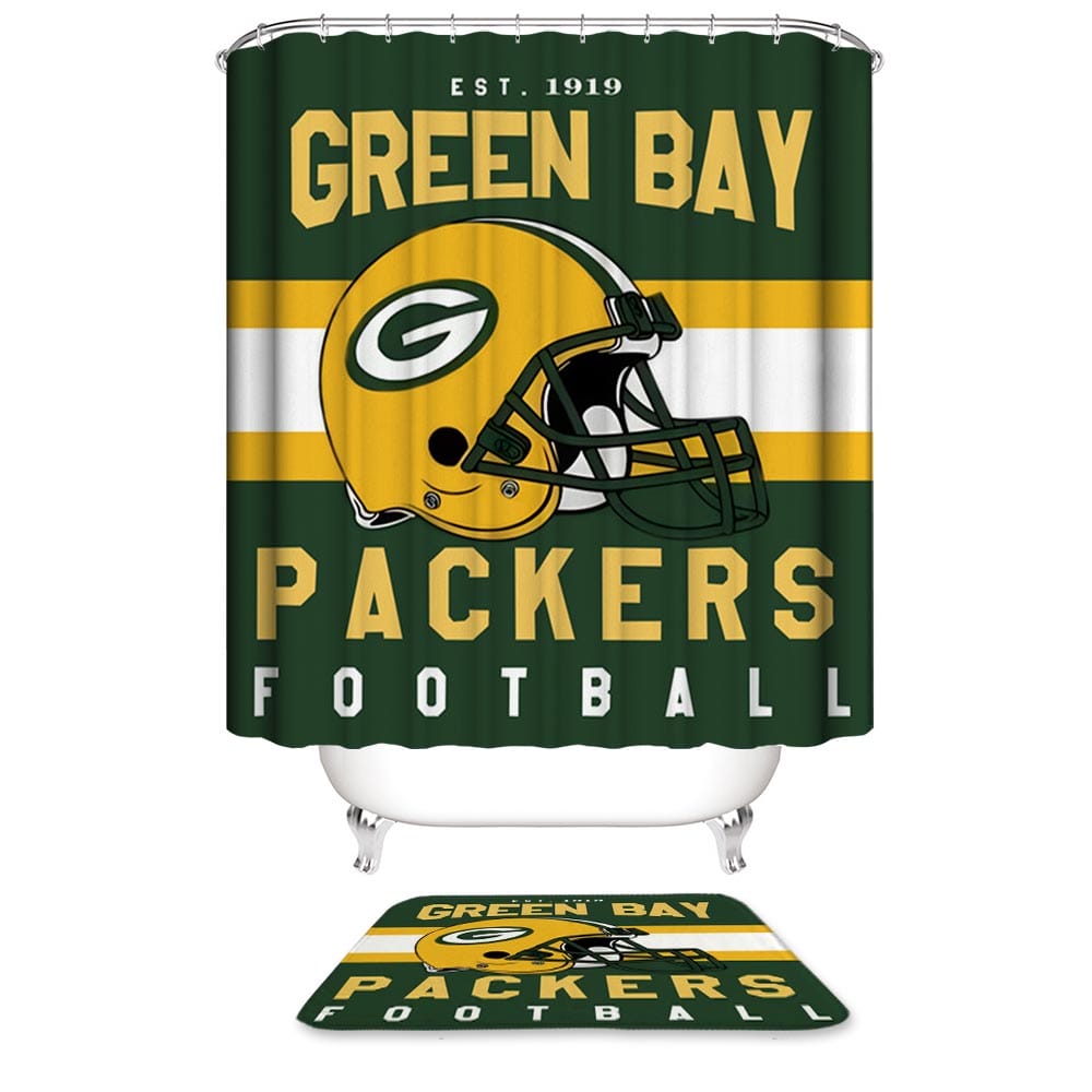 Helmet Falg Green Bay Packers Shower Curtain, Green Bay Football Bathroom Decor