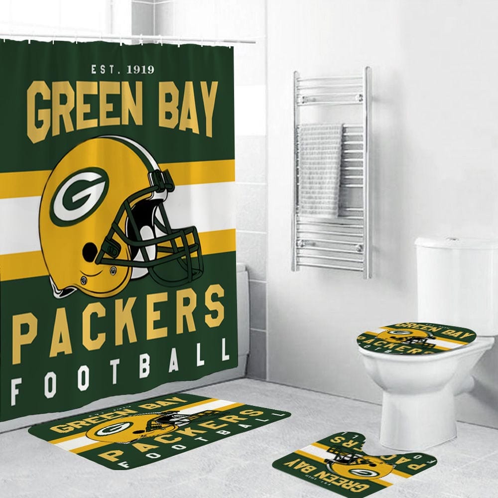 Helmet Falg Green Bay Packers Shower Curtain, Green Bay Football Bathroom Decor