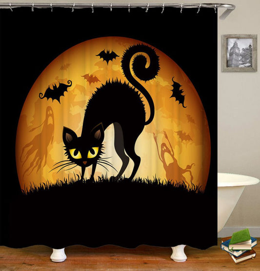 Bloody Moon Frightened Black Cat Halloween Shower Curtain | Frightened Cat Halloween Bathroom Curtain