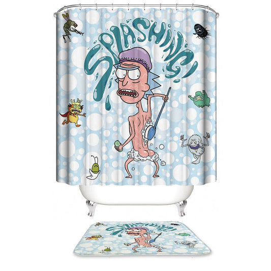 Funny Animation Taking A Shower Splashing Rick Shower Curtain