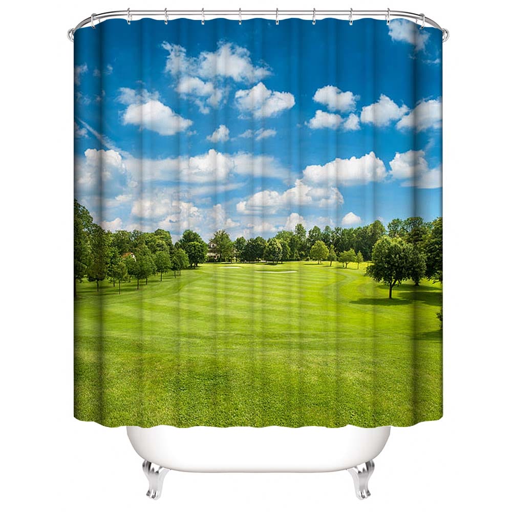 Green Golf Field and Blue Cloudy Sky Sunny Golf Course Shower Curtain | Golf Course Shower Curtain