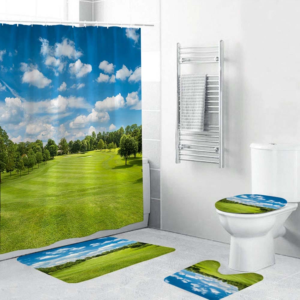 Green Golf Field and Blue Cloudy Sky Sunny Golf Course Shower Curtain | Golf Course Shower Curtain