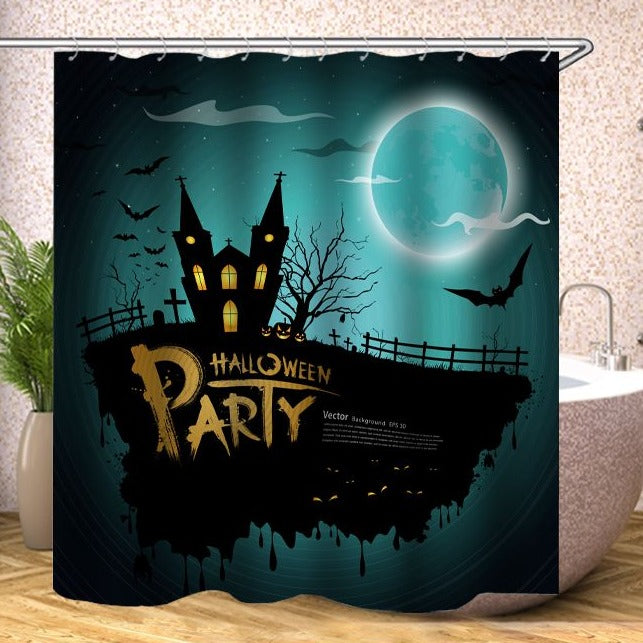 Dark Night Moon Bat Halloween Castle Shower Curtain | Dark Night Moon Halloween Shower Curtain