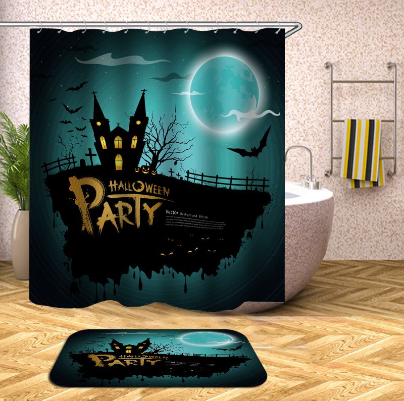 Dark Night Moon Bat Halloween Castle Shower Curtain | Dark Night Moon Halloween Shower Curtain
