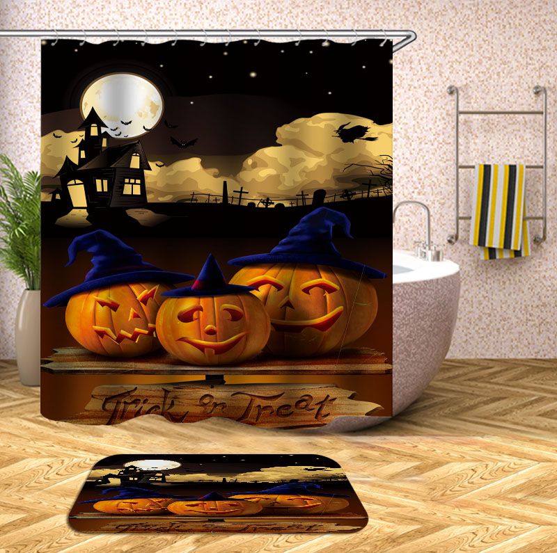 Cartoon Trick Or Treat Halloween Dumpkin Shower Curtain | Halloween Bathroom Curtain