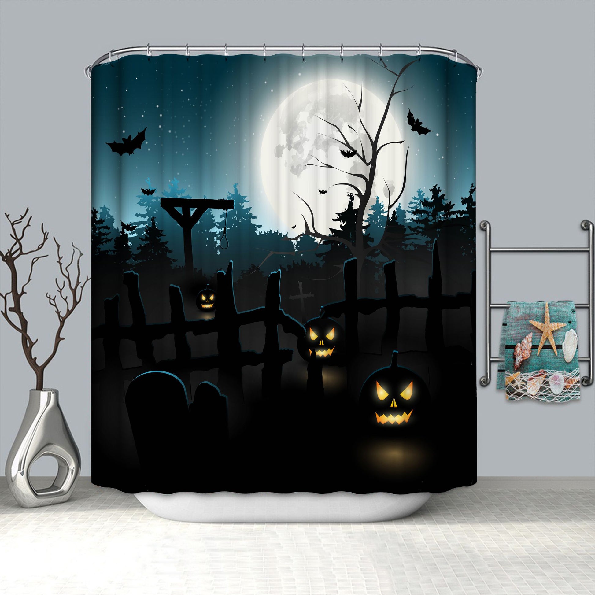 Cartoon Horror Dark Halloween Grave Shower Curtain | Horror Pumpkin and Grave Halloween Shower Curtain