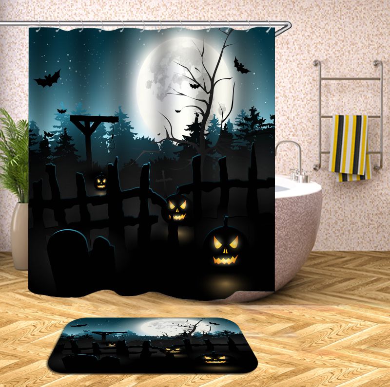 Cartoon Horror Dark Halloween Grave Shower Curtain | Horror Pumpkin and Grave Halloween Shower Curtain