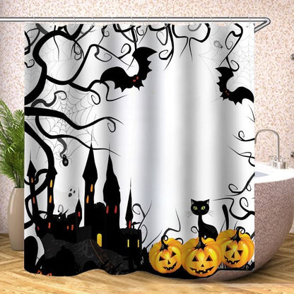 Cartoon Castle Bats Pumpkins Cats Halloween Shower Curtain | Cartoon Halloween Bathroom Curtains