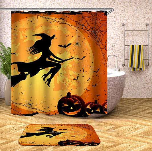 Silhouette Style Flying Witch and Pumpkins Halloween Shower Curtain | Dusk Witch and Pumpkins Shower Curtain