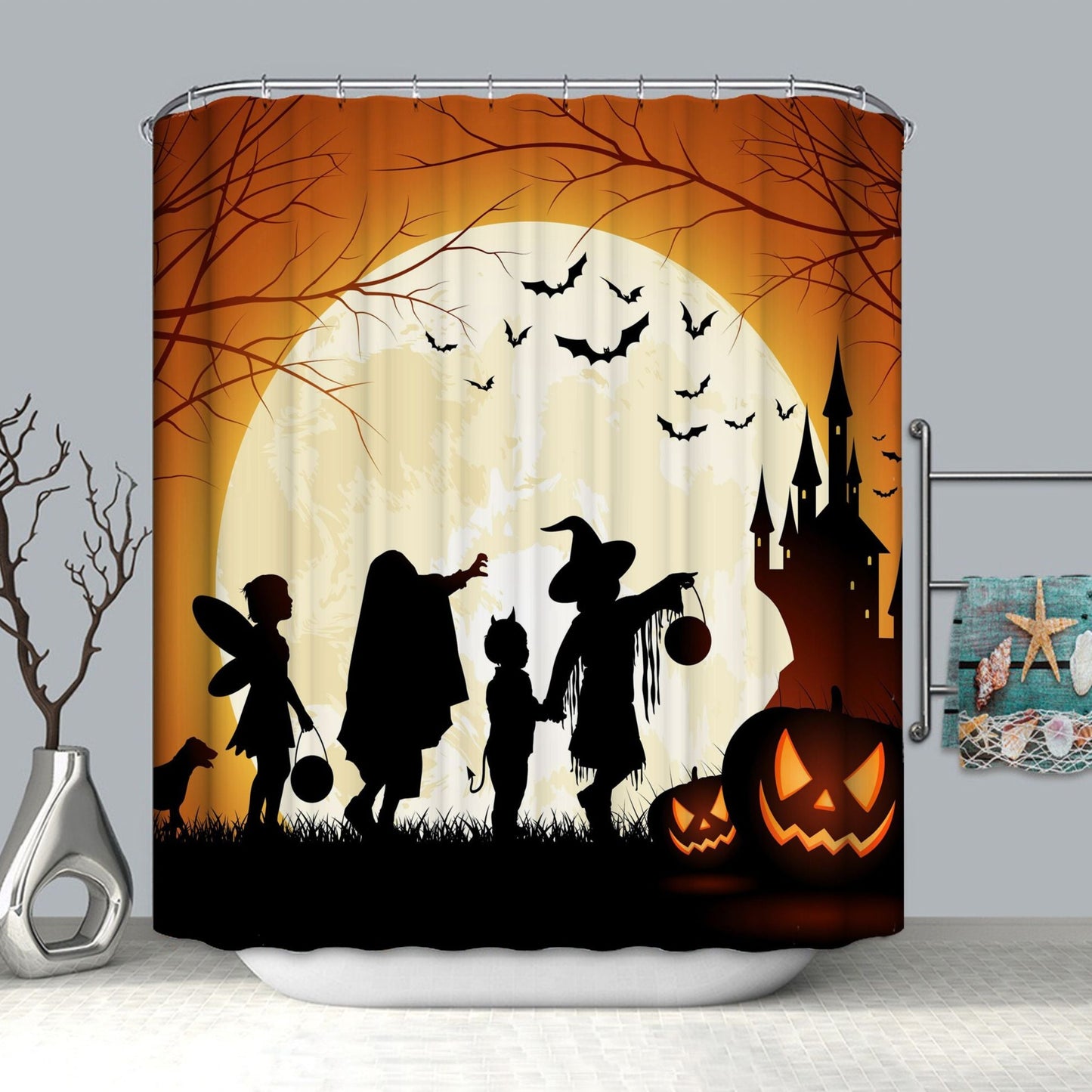 Silhouette Style Fariy Zombie Devil and Witch Expedition Halloween Shower Curtain | Expedition House Halloween Shower Curtain