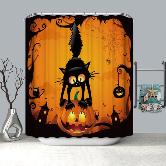 Cartoon Balck Cat Catching Pumpkin Halloween Shower Curtain | Balck Cat Halloween Shower Curtain