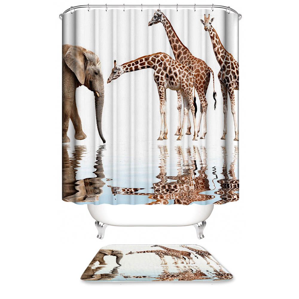 Water Reflection Elephant and Giraffe Shower Curtain | Elephant and Giraffe Bathroom Curtain