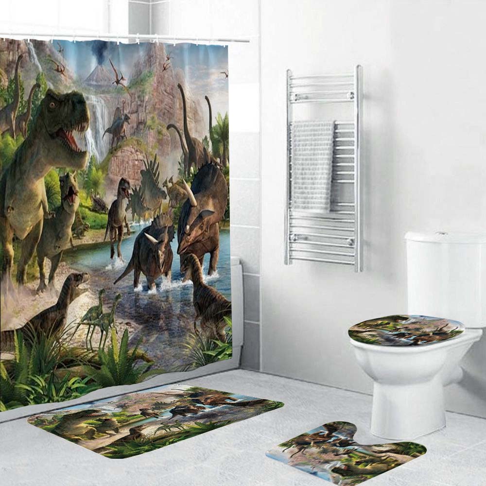 Dinosaurs Shower Curtain, Cartoon Dinosaur Land Bathroom Decor