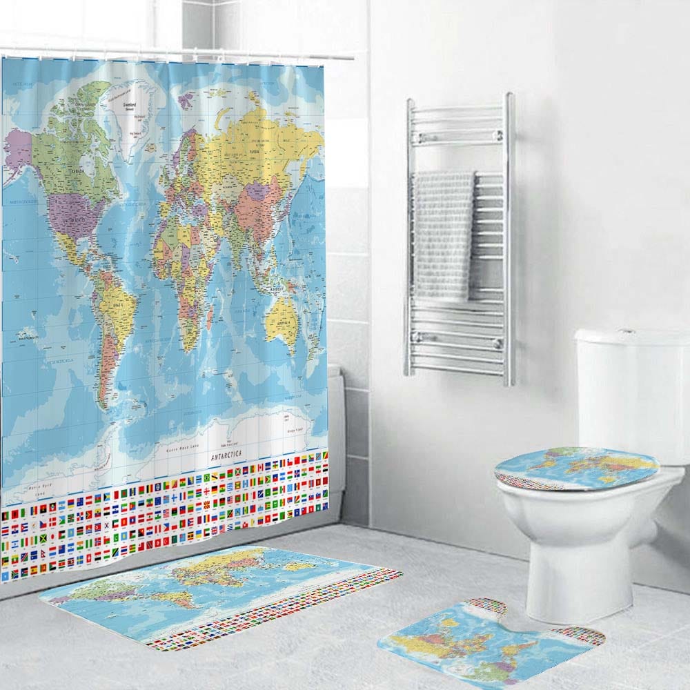 World Map Shower Curtain with National Flag, Geography Educational Style Bathroom Decor