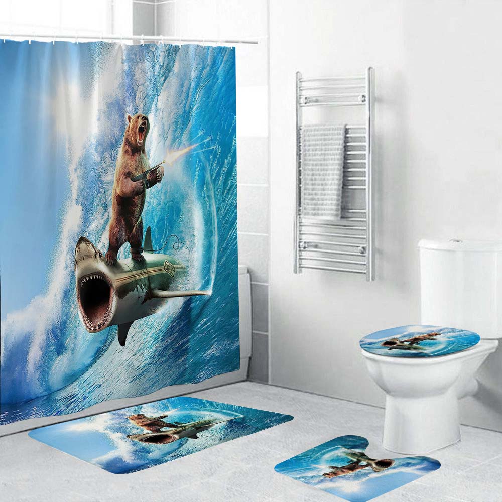 Bear Riding Shark Shower Curtain, Meme Shark Bathroom Decor