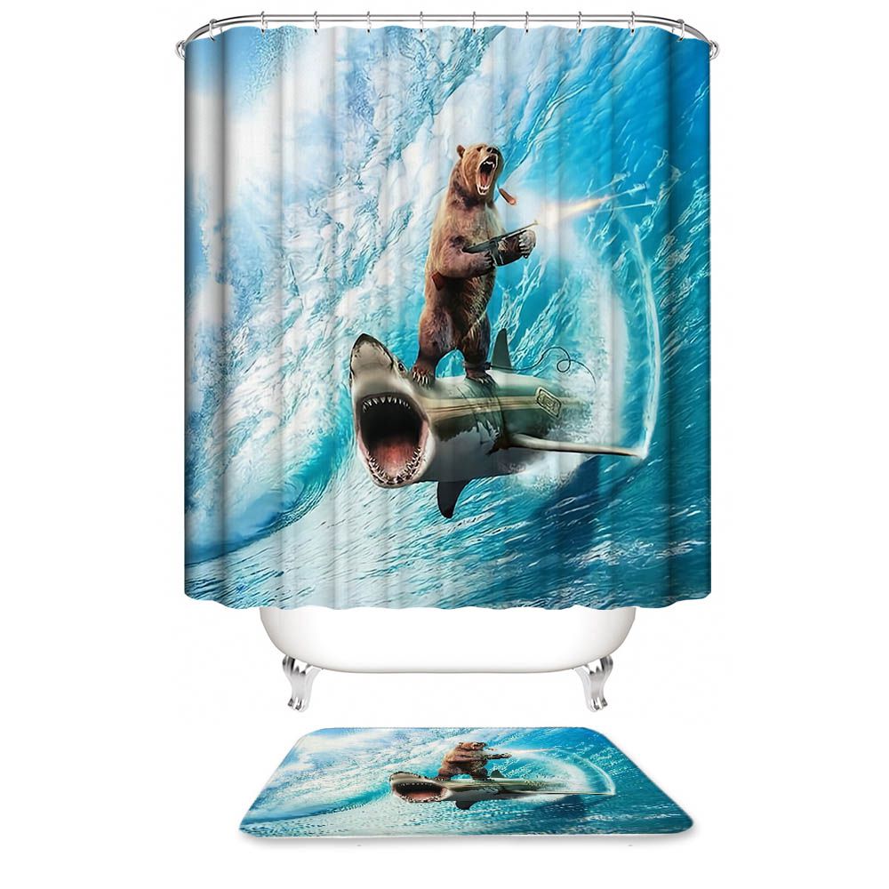 Aimego Funny Shark Bear Shower Curtain - Fun Bear Riding Shark in Ocean  Wave Cool Shower Curtains Set with 12 Hooks for Adults Wild Bat