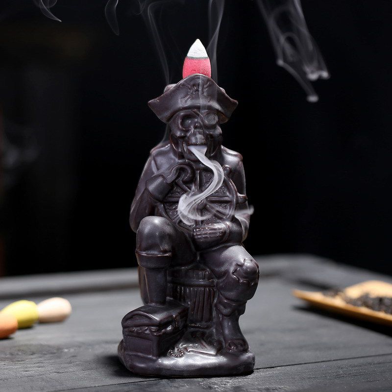 Sitting on Barrel with Helm Skull Pirate Backflow Incense Burner