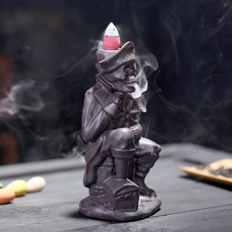 Sitting on Barrel with Helm Skull Pirate Backflow Incense Burner