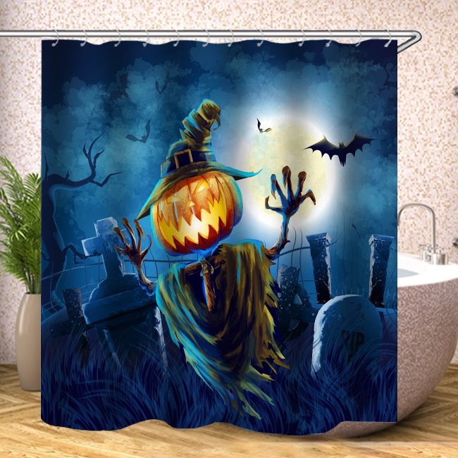 Pumpkin Scarecrow at The Cemetery Halloween Shower Curtain | Cartoon Pumpkin Scarecrow Halloween Bathroom Curtain