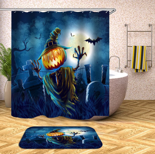 Pumpkin Scarecrow at The Cemetery Halloween Shower Curtain | Cartoon Pumpkin Scarecrow Halloween Bathroom Curtain