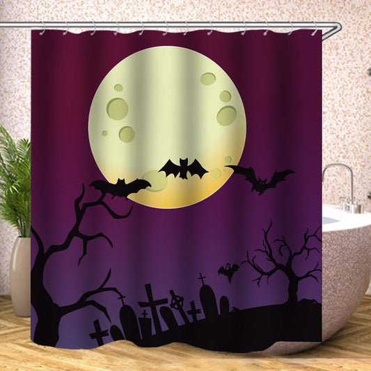 Moon Bat Graveyard Purple Halloween Shower Curtain | Purple Halloween Bat Bathroom Curtain