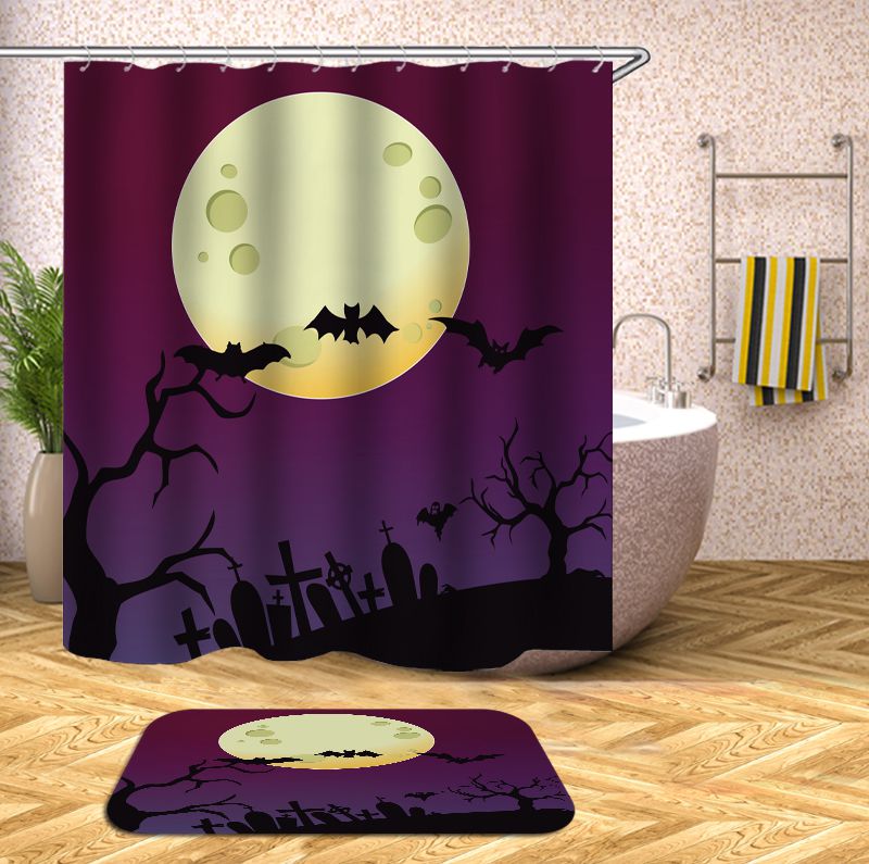 Moon Bat Graveyard Purple Halloween Shower Curtain | Purple Halloween Bat Bathroom Curtain