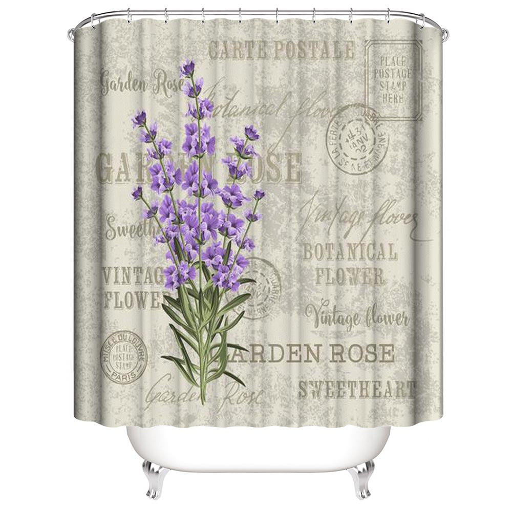 Retro Postmark Botanical Purple Flower Vinca Major Shower Curtain | Postmark Botanical Flower Bathroom Curtain