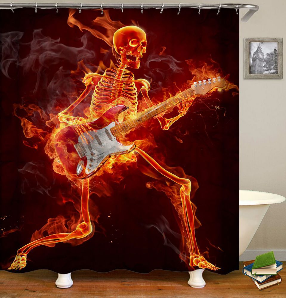 Rocker Flame Skeleton Guitar Shower Curtain | Fire Skeleton Rocker Guitar Shower Curtain