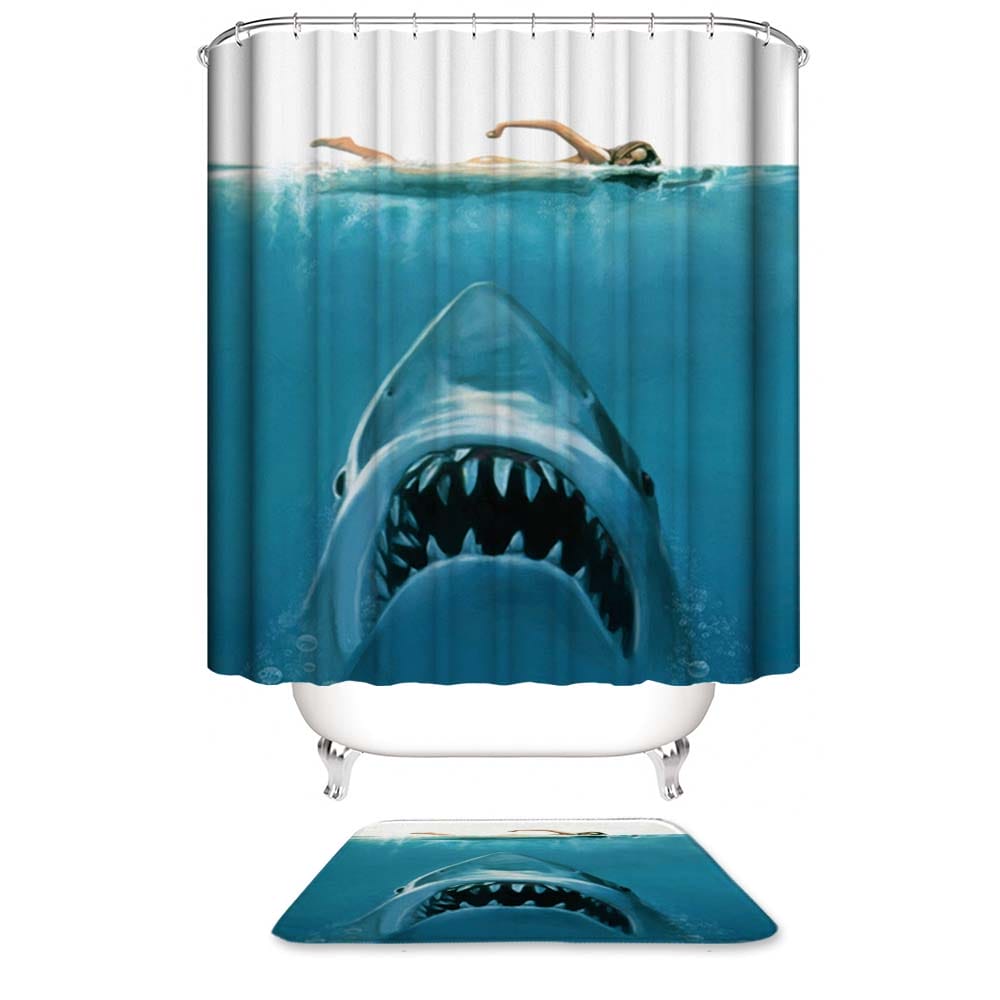 Movie Jaws Shower Curtain, Shark Eyeing Swimmer Bathroom Curtain – warmthone