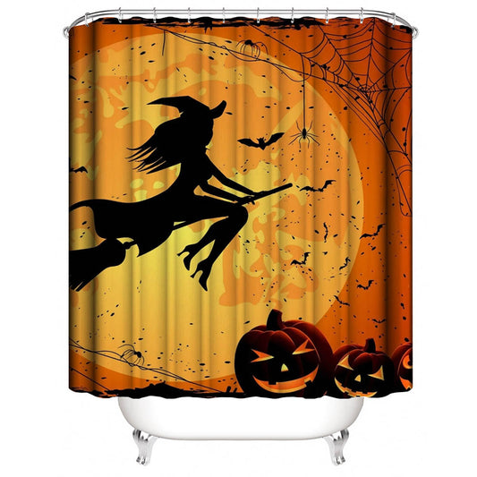Silhouette Style Flying Witch and Pumpkins Halloween Shower Curtain | Dusk Witch and Pumpkins Shower Curtain
