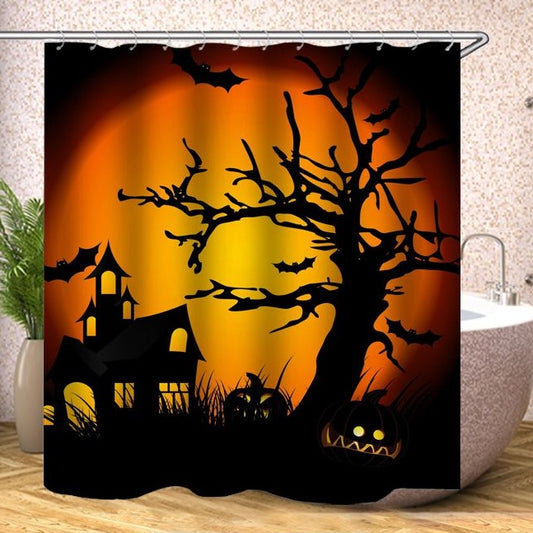 Silhouette Castle and Tree Halloween Shower Curtain, Waterproof, Halloween Bathroom Decor