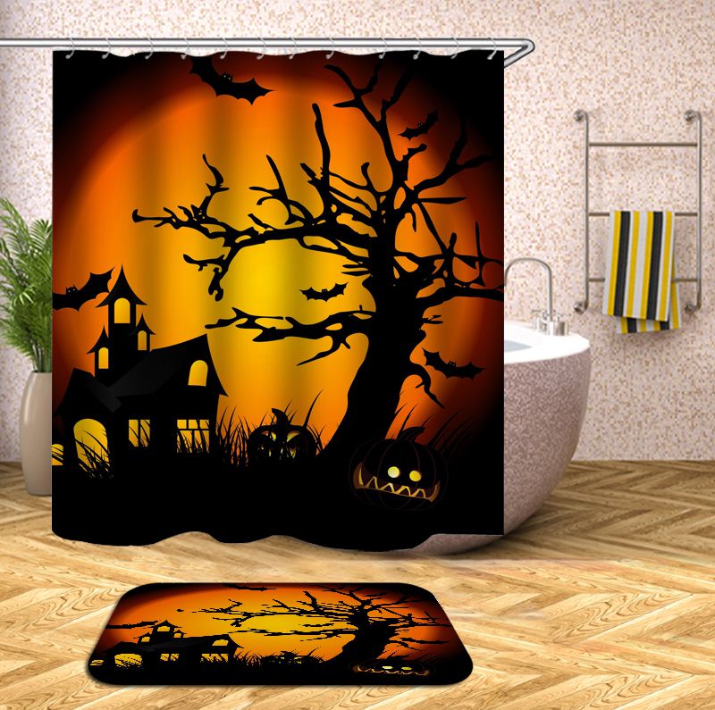 Silhouette Castle and Tree Halloween Shower Curtain, Waterproof, Halloween Bathroom Decor
